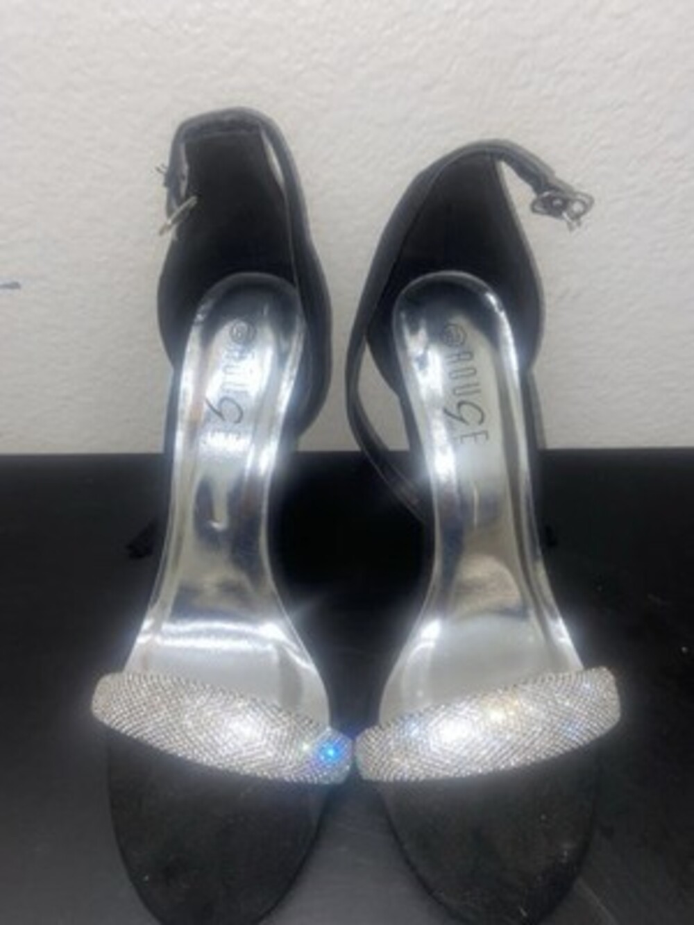 ROUGE Black Heels with Rhinestone Strap – Size 8.5